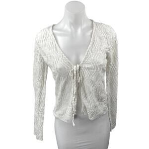 Stradivarius White Textured V-neck Tie Front Long Sleeve Crop Blouse Top Size S